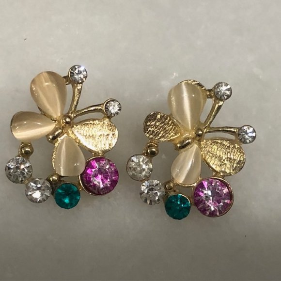 Gold Butterfly Earrings With Colorful Diamonds - Picture 1 of 4